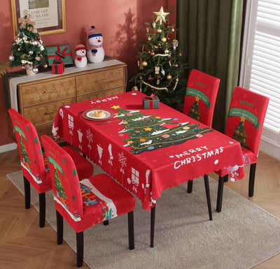Waterproof And Oil-proof Christmas Tablecloth on a festive dining table with holiday decor.
