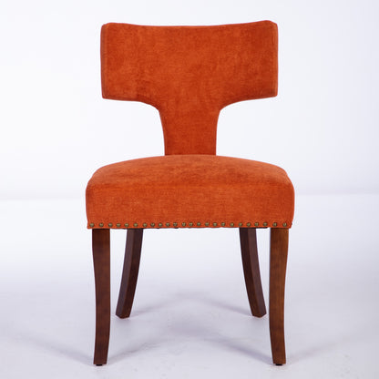 Mid Century Modern Dining Chairs Set Of 2, Farmhouse Linen Fabric Upholstered Accent Chair Curved Backrest With Copper Nails Around,Kitchen Chairs With Hardwood Frame, Orange