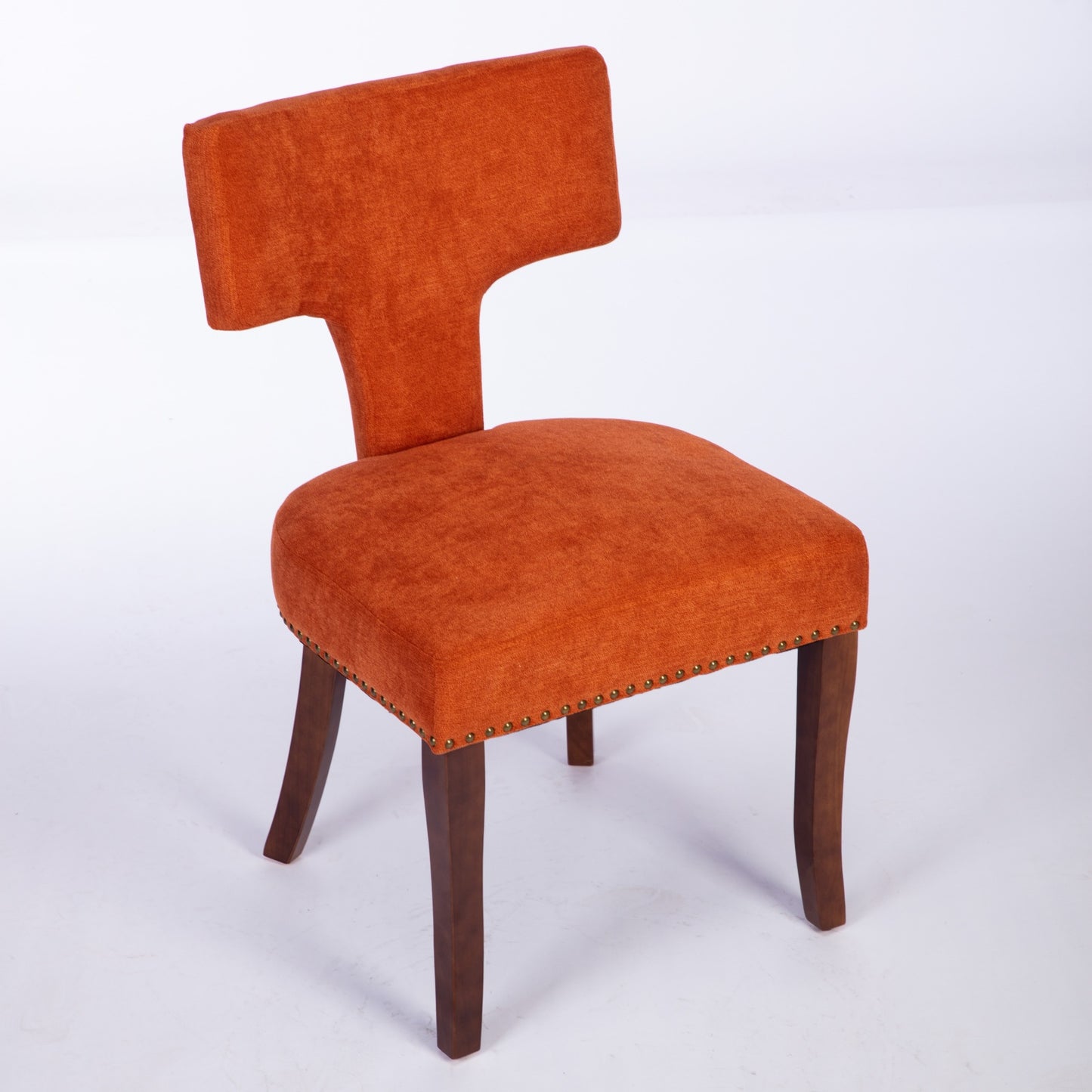 Mid Century Modern Dining Chairs Set Of 2, Farmhouse Linen Fabric Upholstered Accent Chair Curved Backrest With Copper Nails Around,Kitchen Chairs With Hardwood Frame, Orange